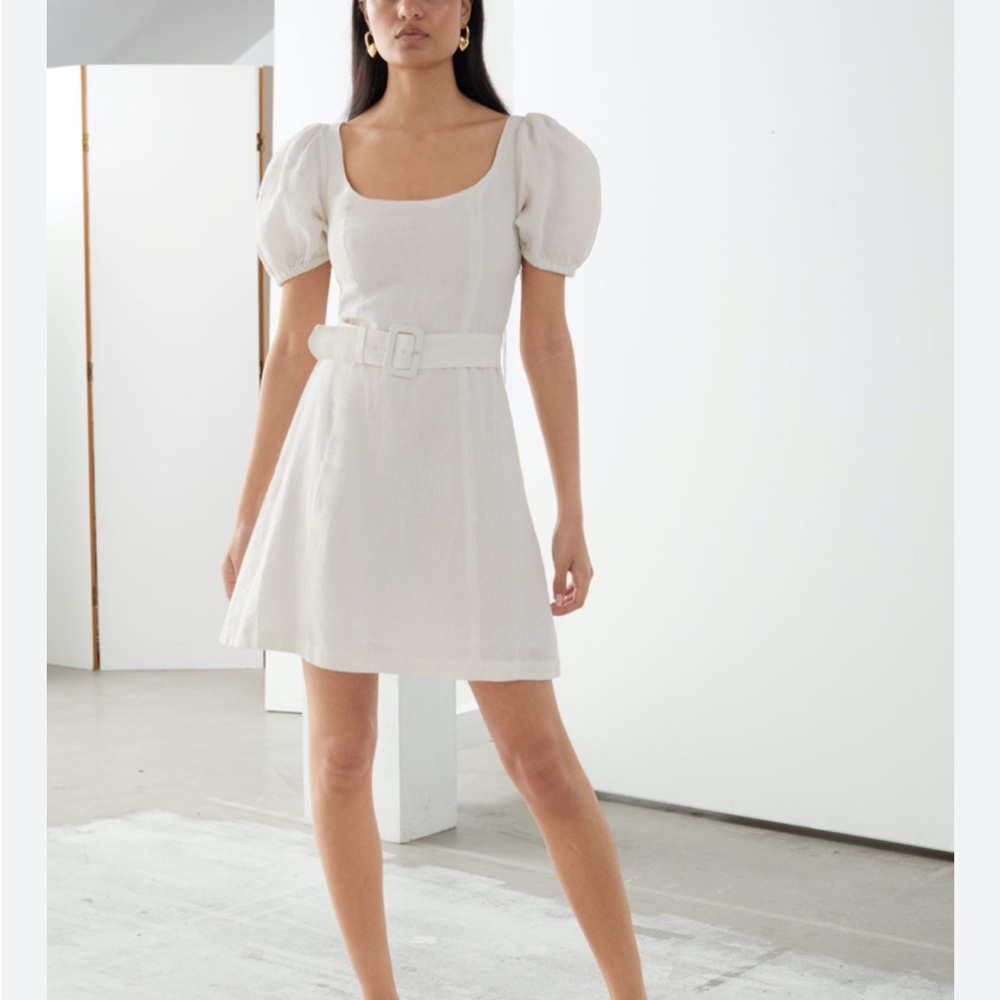 & Other Stories Puff Sleeve Belted White Dress